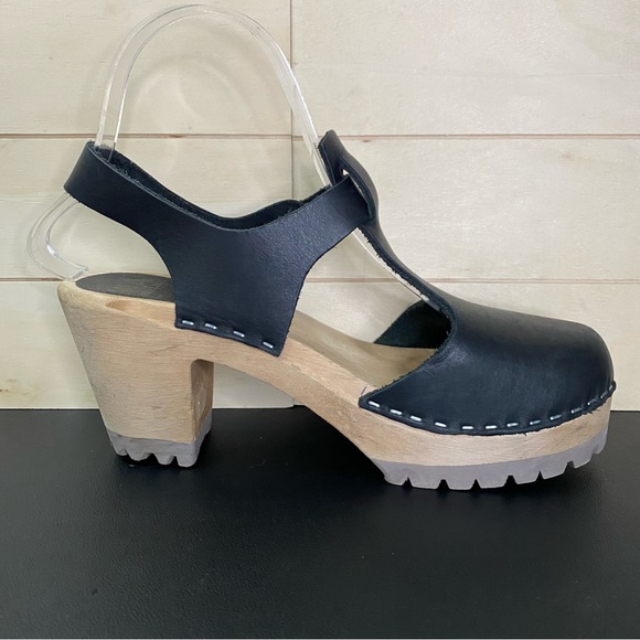 Mia Madeline Swedish Clogs Women's Size 7.5 Shoes EU38 Black Leather Wooden - Picture 3 of 11